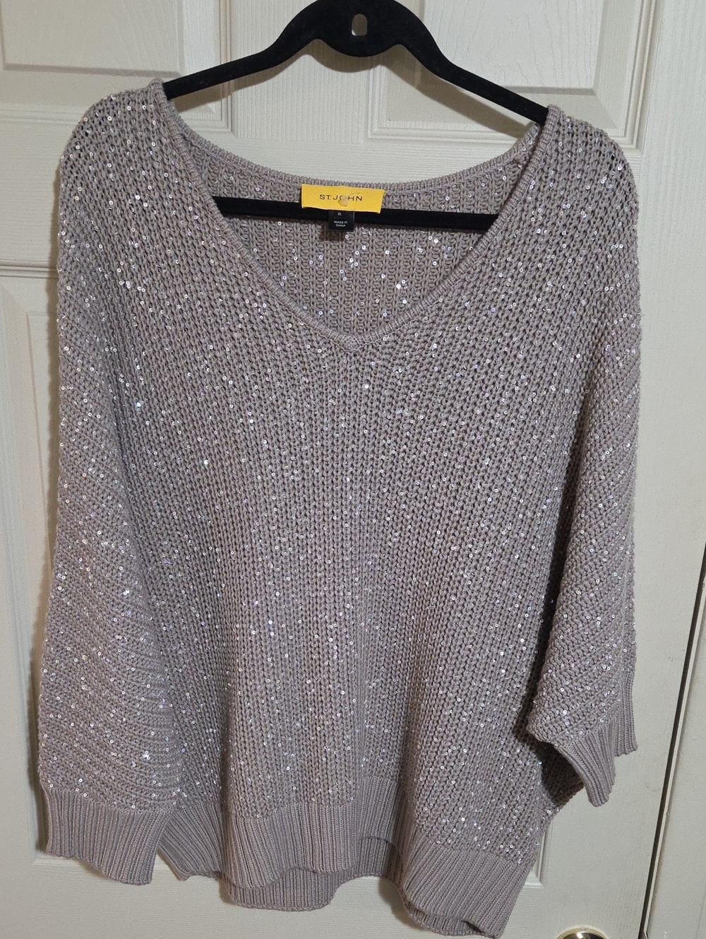 St. John Sequin V-Neck Sweater - Light Taupe